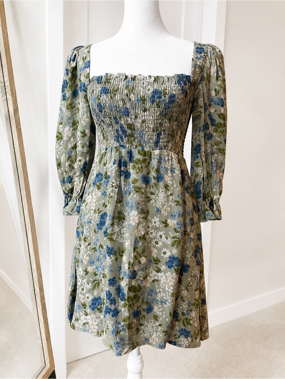 Reformation Zaria Floral Smocked Mini Dress Blue Green XS